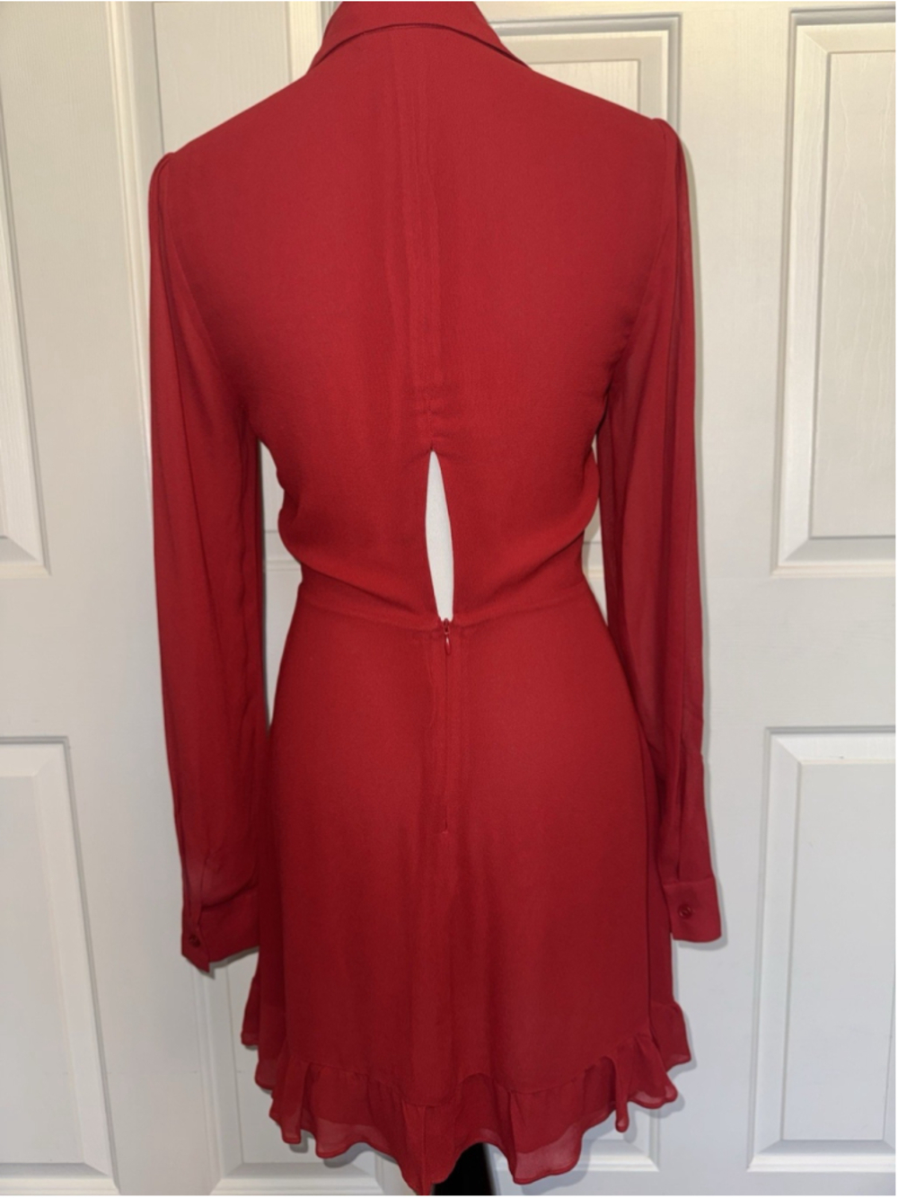 Reformation Red Mini Dress Romantic Coquette Sheer Sleeves Ruffle Hem Feminine 4 - Picture 3 of 13